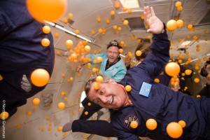 Science Bob floats in zero gravity with 2,000 ping pong balls.