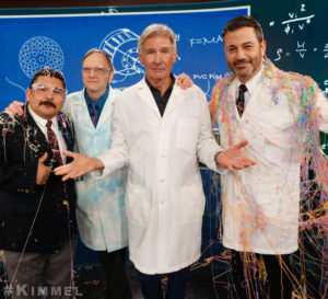 Science Bob Pflugfelder, Jimmy Kimmel, and Harrison Ford experiment with a Silly String cannon